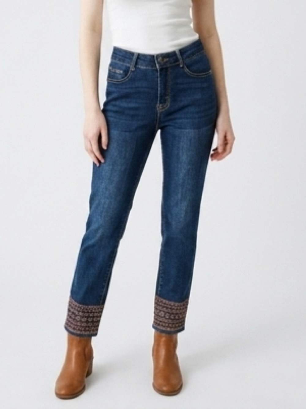 Tribal Jeans Audrey Mid Rise Slim Ankle Jeans 28 Embroidered Studded Hem Boho